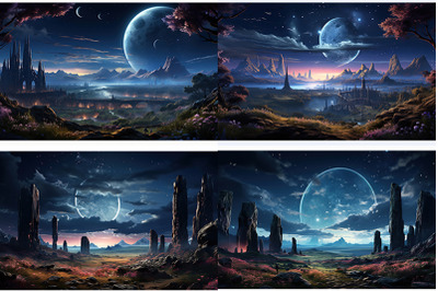 a fantasy landscape with a full moon