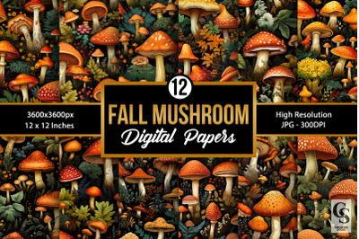 Fall Mushrooms Seamless Pattern Digital Papers