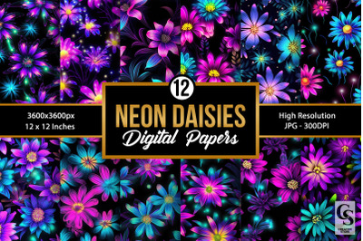 Neon Daisy Flowers Digital Papers