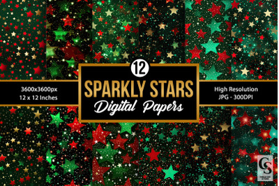 Red and Green Sparkly Stars Digital Papers
