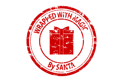 Rubber stamp for post office mark gift, wrapped with magic by santa