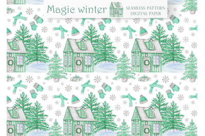 Christmas houses watercolor seamless pattern, digital paper. New Year.