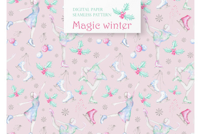 Ice skating watercolor seamless pattern. Christmas, New Year. Winter
