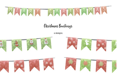 Watercolor Christmas bunting clipart. Xmas ribbons clip art