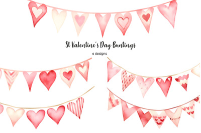 Watercolor Valentine bunting clipart. Valentine red pink heart bunting