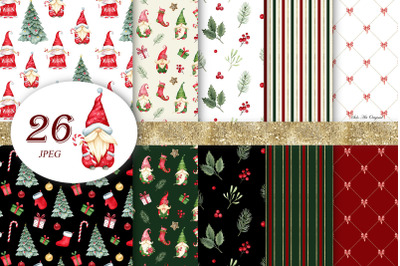 Christmas Digital Paper Seamless Patterns Santa gnome