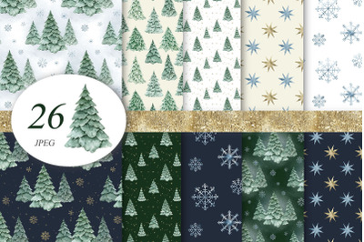 Winter Christmas trees Digital Paper Seamless Patterns