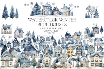 Watercolor Winter Blue houses