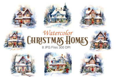Watercolor Christmas Home. Clipart Bundle.