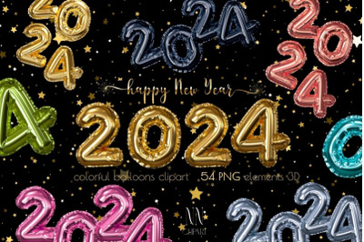 Number balloons 2024 clipart, Happy New Year elements