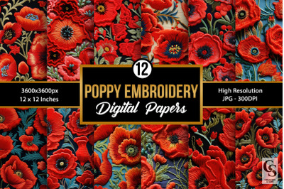 Poppy Flowers Embroidery Digital Papers