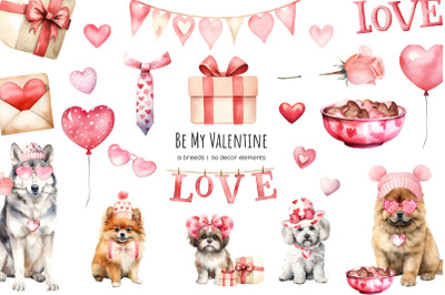 Watercolor Valentine dog clipart. St Valentines Day dogs clip art