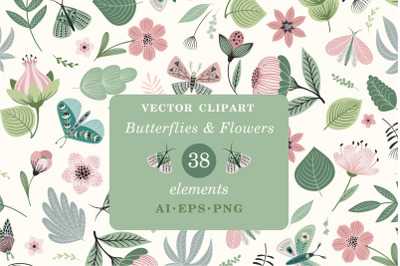Butterflies &amp; Flowers. Vector clipart