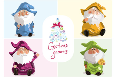 Christmas gnomes in green, purple, blue and yellow