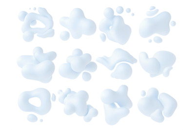 Liquid 3d white shapes, abstract fluid morphing organic compositions.