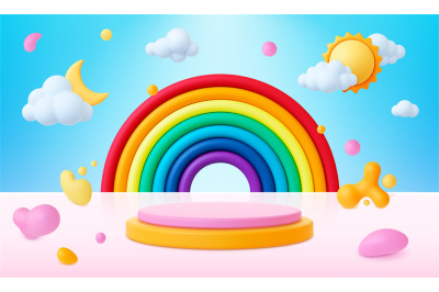 Children 3d rainbow background&2C; baby sale showroom fashion banner. Pod