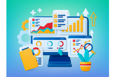 Data analytics financial 3d concept. Retail market charts, digital aud