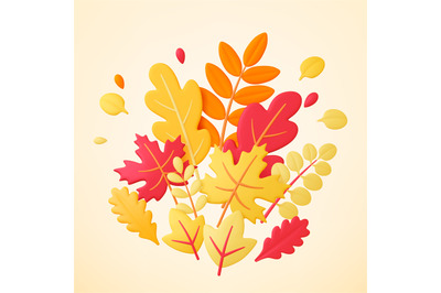 Autumn 3d leaves, leaf yellow bunch. Fall season isolated plants, mapl
