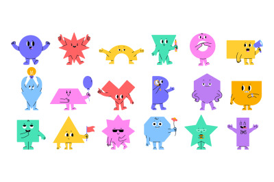 Kids geometric characters with eyes. Basic style figure, square triang