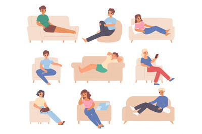 Rest on sofa and chairs. Men relaxing on couch, young people resting,