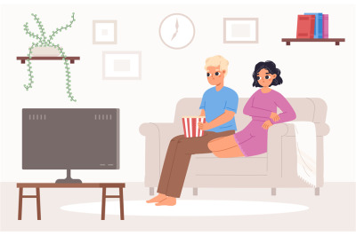 Young couple watch tv together in living room. Teenagers or adults dat