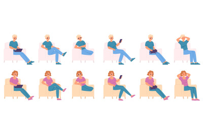 Boy and girl sitting in chair various poses. Teenagers dream, sleep an