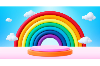 Children 3d background, rainbow, podium and white bubbles clouds. Mode