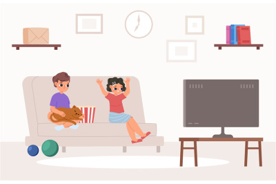 Children watching tv in living room. Cute cartoon boy and girl with ca