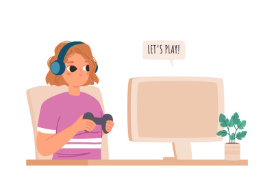 Girl gamer character with joystick and headphones sitting before compu