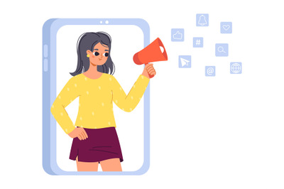 Online digital marketing concept. Young girl with megaphone looking fr