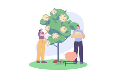 People collect money coins from green tree. Investment profit and divi