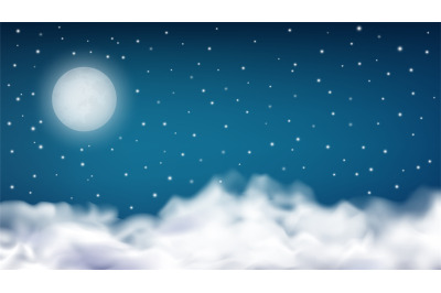 Realistic night sky with moon and stars. Cloudy fog&2C; starry horizontal