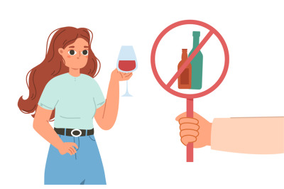 Stop drinking concept. Young girl hold glass of wine, drunk woman. Bad