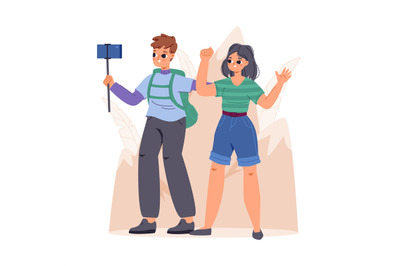 Tourist in mountains cartoon character. Hiking adventures, camping tri