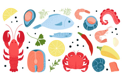 Seafood cartoon flat product. Drawn lobster and rosemary, fish lemon,