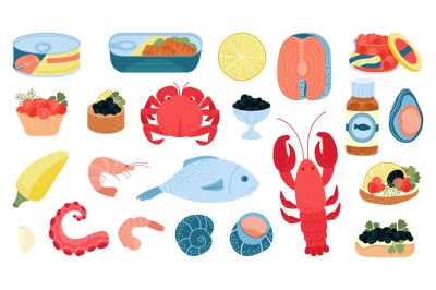 Seafood ingredients, squid fish and shrimps. Cartoon flat delicious ra