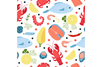 Seafood seamless pattern. Red black caviar, vegetable and fish. Flat c