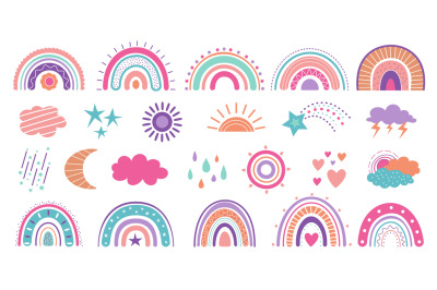 Boho weather elements&2C; rainbow and clouds. Colorful cartoon rainbows&2C;