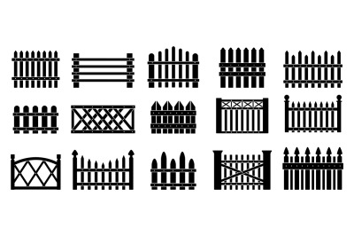 Black fence silhouettes. Fences iron and wooden&2C; gates shapes icons. S