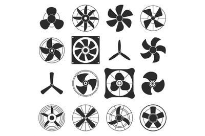 Black silhouette cooling fan icons. Blades cold fans&2C; airplane propell