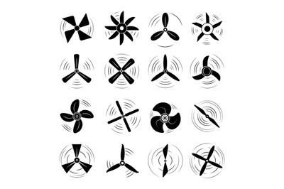 Black airplane propellers symbols. Propeller blade elements&2C; rotate fl