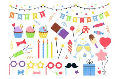 Party birthday decorations clipart, cartoon garlands and party balloon