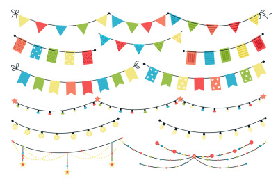 Bunting flags collection, hanging garland graphic, retro flag pennant