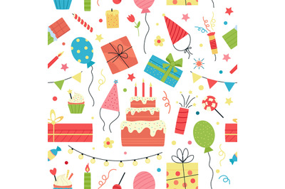 Party birthday seamless pattern. Festive cake, confetti and balloons.