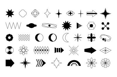 Y2k elements geometric shape and stars. Minimalist 80s graphic symbols