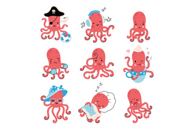 Cute octopus set. Cartoon squid, underwater life characters. Various o