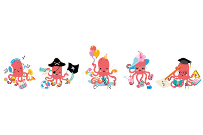 Cartoon octopus, multitasking cartoon squid. Octopus painter, pirate a