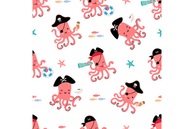 Cartoon octopus seamless pattern. Pirates print, cute underwater anima