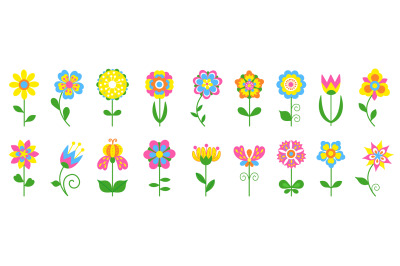 Floral flat icons. Simple springtime flowers, isolated abstract color