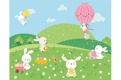 Bunny on meadow. Garden bunnies play hunting eggs. Easter rabbit with